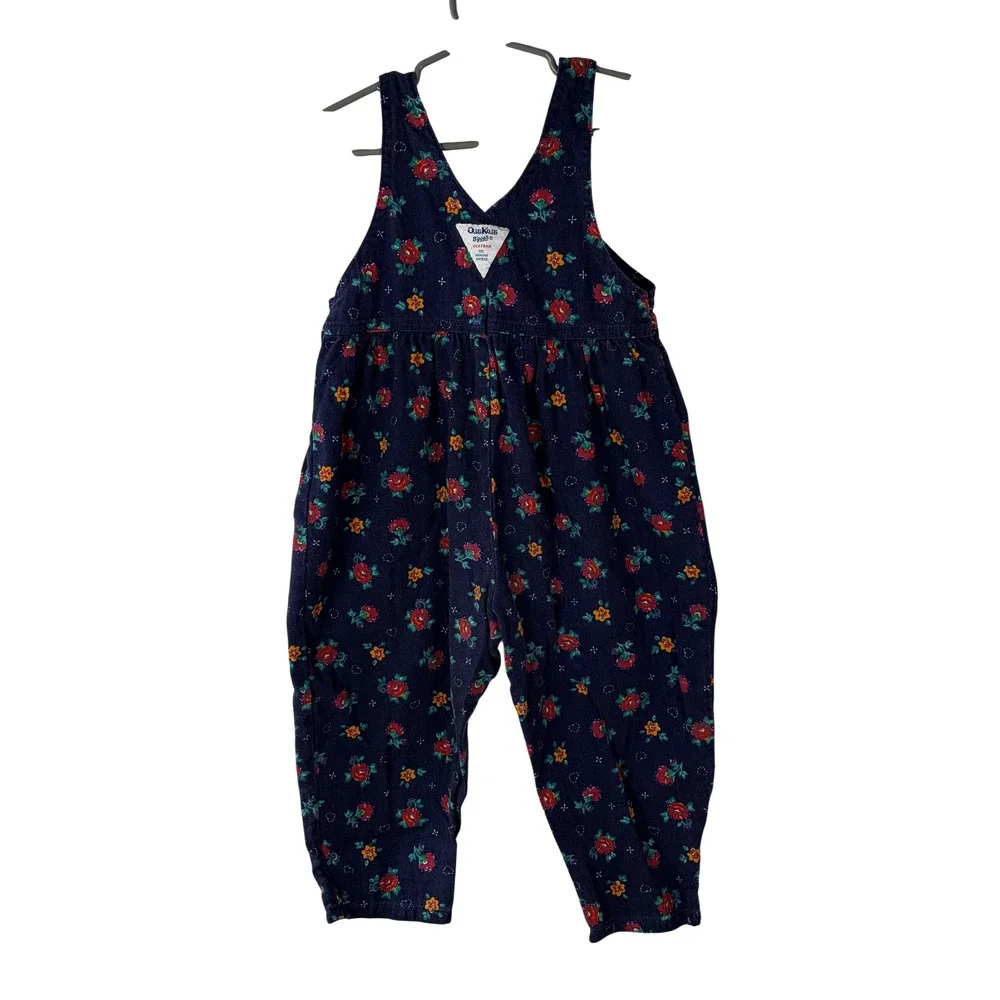 Vintage OshKosh Bgosh Girls Navy Floral Corduroy Overalls Vestbak Made in USA 3T